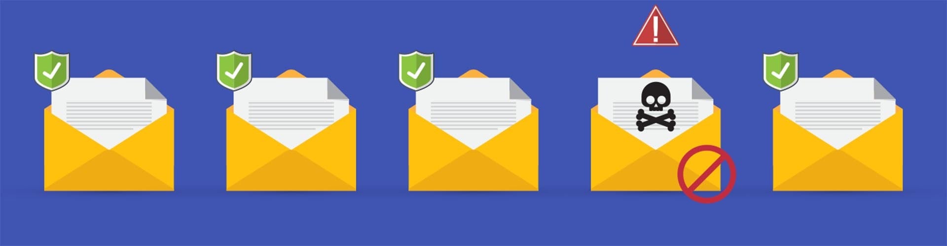 Symbolfoto für Phishing-E-Mails. Es sind 5 geöffnete Briefumschläge um einem grünen Schild und Haken in der Ecke zu sehen. Nur der der 4 Umschlag ist mir einem Totenkopf, einem Achtung-Zeichen und Löschzeichen versehen