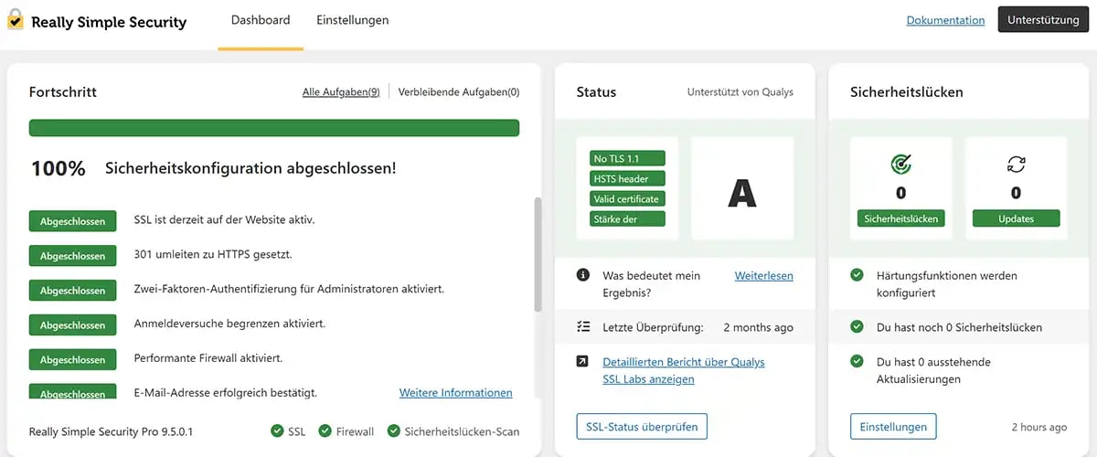Dashboard-Ausschnitte von Really Simple Security Pro. Es werden die Sicherheitseinstellungen und eine Zusammenfassung gezeigt. Auf dem Foto sind es 100%. Das Programm ist Bestandteil unseres Betreuungsvertrags Dashboard-Ausschnitte von Really Simple Security Pro. Es werden die Sicherheitseinstellungen und eine Zusammenfassung gezeigt. Auf dem Foto sind es 100%. Das Programm ist Bestandteil unseres Betreuungsvertrags
