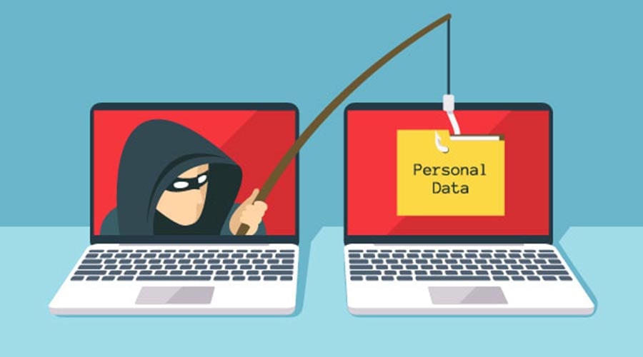 Sysmbolskizze. Es ist ein Kapuzenträger mit Gangstermaske und einer Angel in einem Laptop zu sehen. Er angelt gerade in einem anderen Laptop nach persönlichen Daten