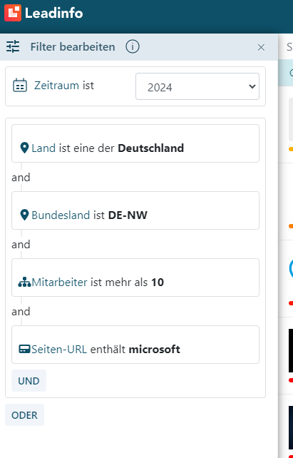 Bildschirmfoto von Filtereinstellungen bei Leadinfo. Es wird auf die Region, die Anzahl der Mitarbeitenden und Teile der besuchten URL gefiltert.