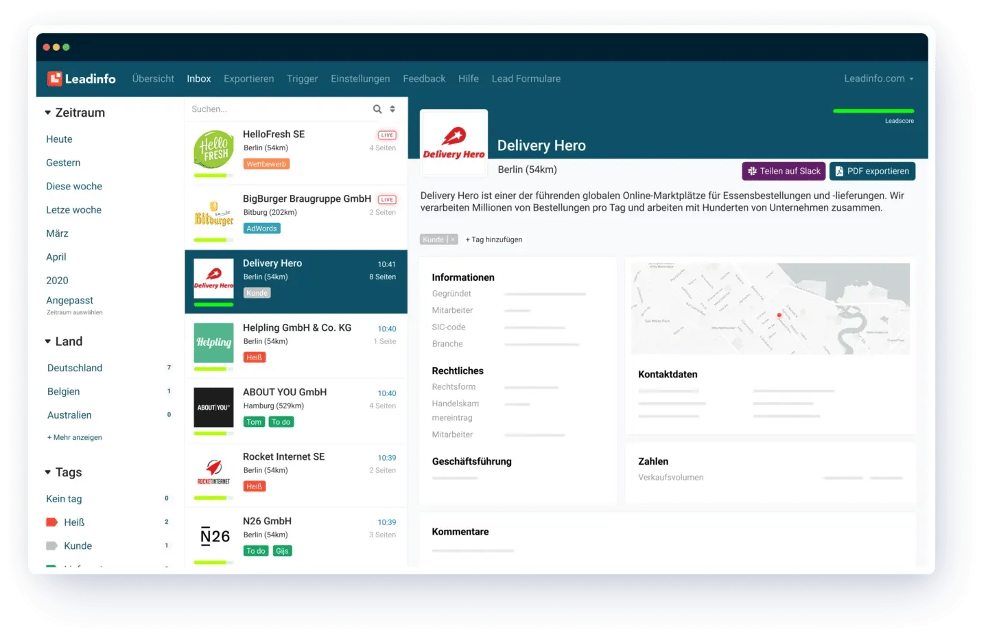 Bildschirmfoto einer Demoansicht von Leadinfo von B2B-Websitebesuchern