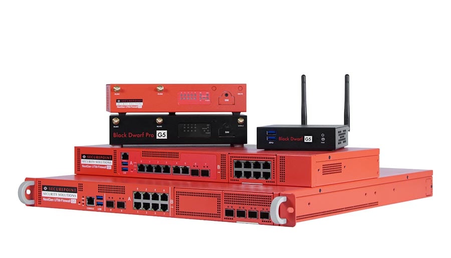 Bild mit unterschiedlich großen Hardware-Firewalls von Securepoint für den Einsatz in Unternehmen verschiedener Größe.