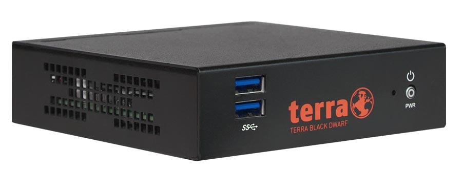 Front und Seitenansicht der Firewall Black Dwarf G5 von Securepoint. Es sind die Anschlüsse zu sehen.
