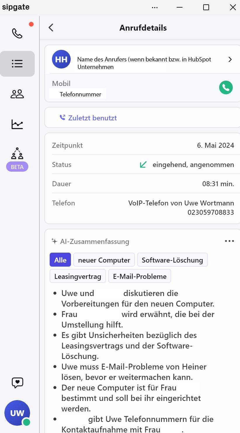 Bildschirmfoto als Beispiel für einen automatische Zusammenfassung des Telefongesprächs
