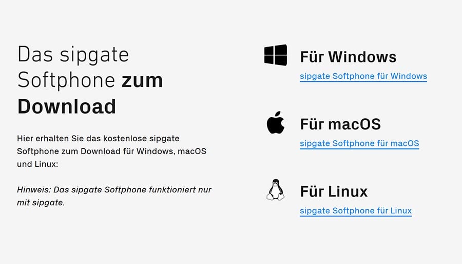 Bildschirmfoto mit dem Hinweis, auf welchen Betriebssystemen Sipgate läuft - Windows, macOS und Linux
