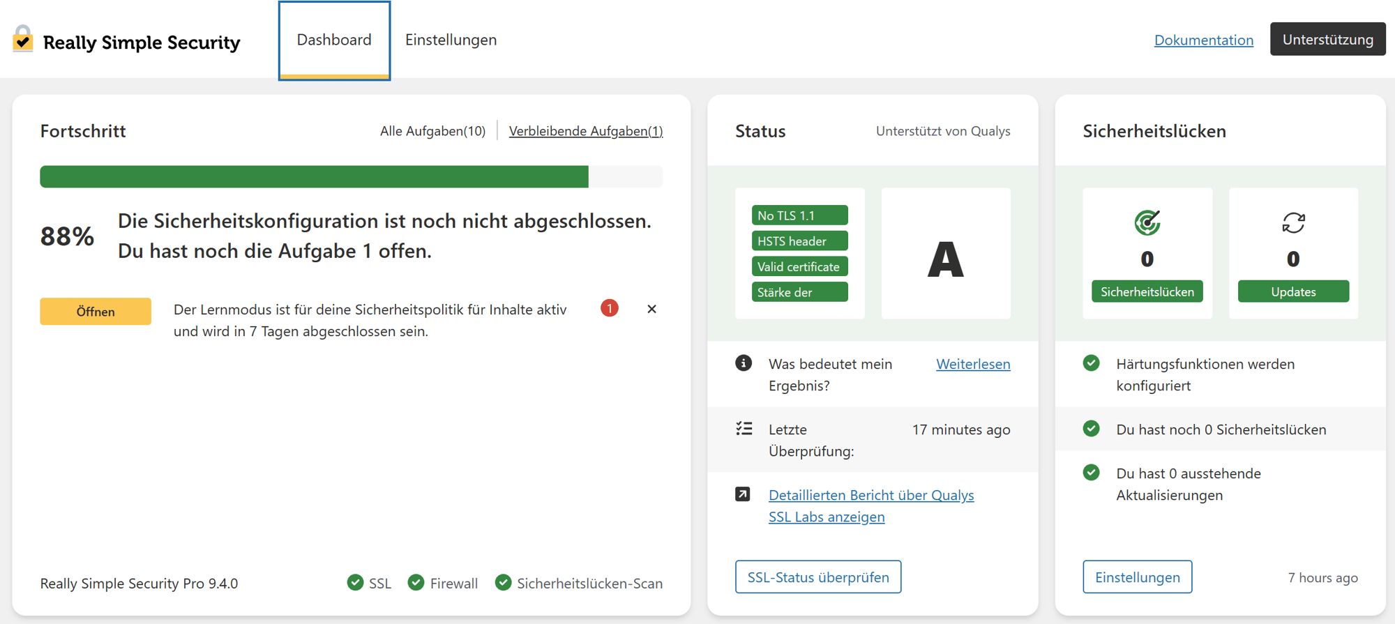 Bildschirmfoto von den Sicherheitseinstellungen von Really Simple Security Pro. Alle Werte werden grün angezeigt. Eine Sicherheitskonfiguration wird noch als nicht aktiv angezeigt - erst in 7 Tagen abgeschlossen. Bildschirmfoto von den Sicherheitseinstellungen von Really Simple Security Pro. Alle Werte werden grün angezeigt. Eine Sicherheitskonfiguration wird noch als nicht aktiv angezeigt - erst in 7 Tagen abgeschlossen.