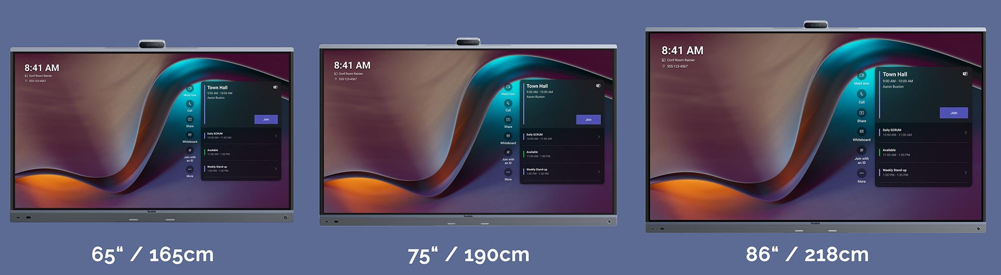 Bild der 3 Modelle vom MeetingBoard Pro mit der Beschriftung 65 Zoll / 165cm, 75 Zoll / 190cm und 86 Zoll / 218cm