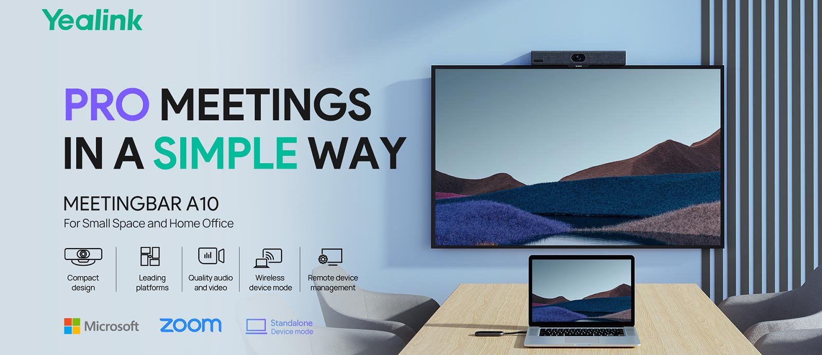 Bild der Videokonferenzlösung Meeting Bar A10 mit einigen Icons und Produktbeschreibung