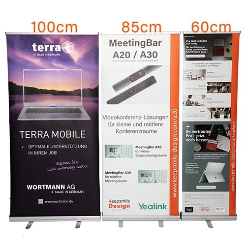 3 Roll-up-Display als Vergleich mit Maßen 60cm, 85cm und 100cm