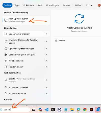 Bildschirmfoto, auf dem gezeigt wird, wie nach Windows-Updates gesucht werden kann. Hierzu in der Taskleiste update eingeben und anschließend "nach Updates suchen" auswählen.