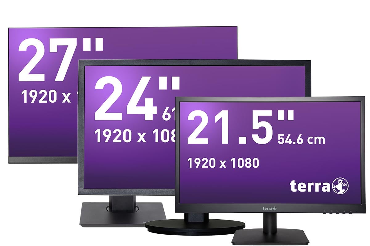 3 Terra Monitore mit den Maßen 27, 24 und 21 Zoll