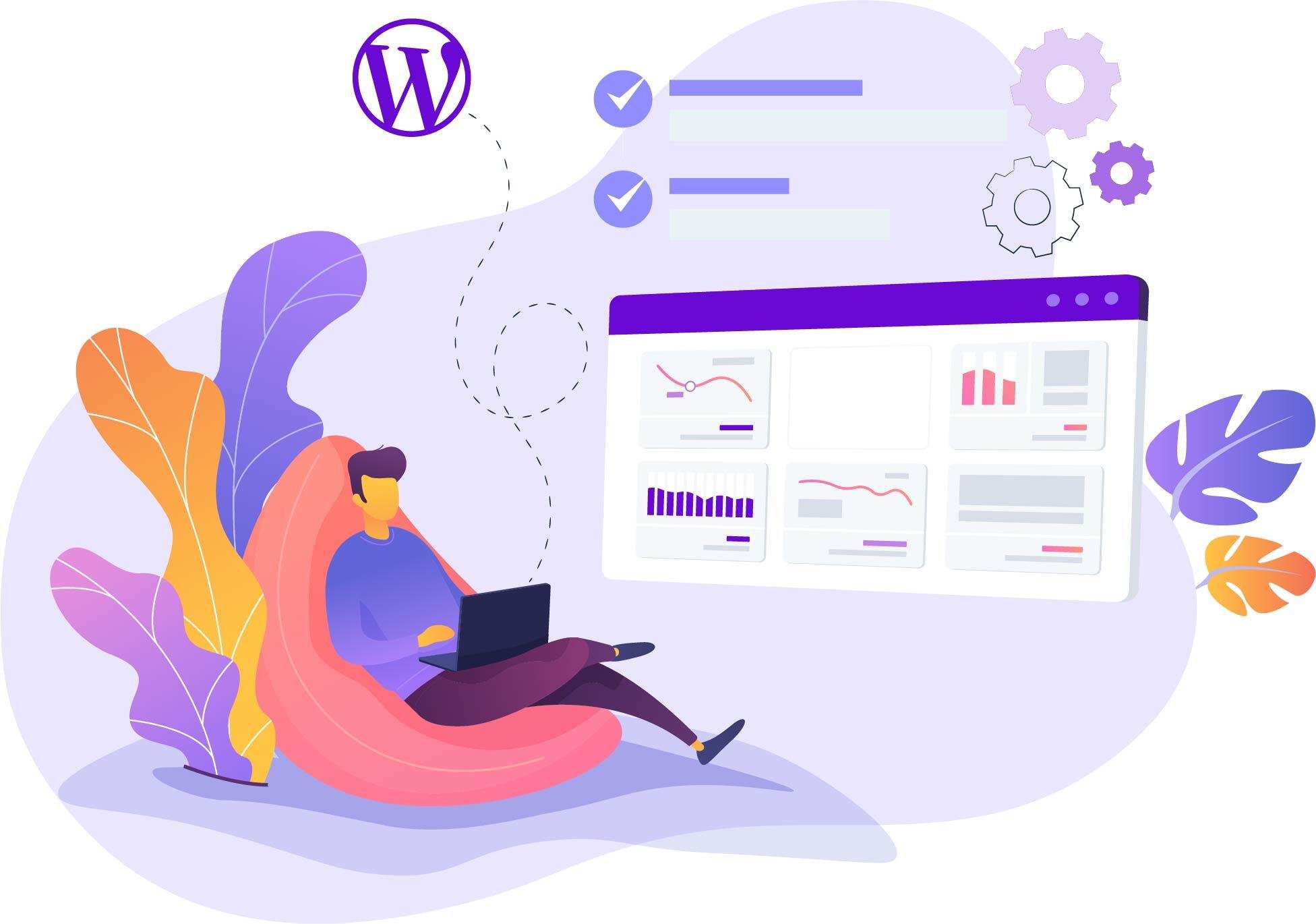 Symbolfoto - Skizze ein Mann sitzt in einem Sessel. Ein Bildschirm und das Wordpress-Logo ist zu sehen. Symbolisch für Webdesign mit WordPress durch Keepsmile Design