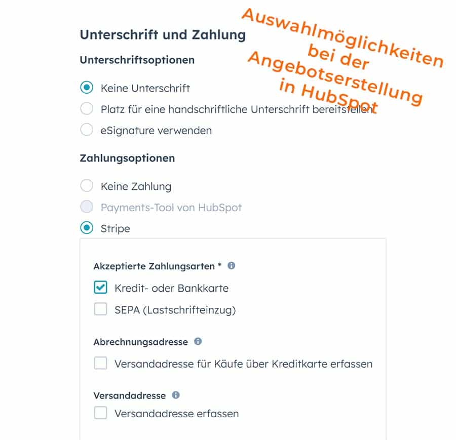 Bildschirmfoto - Auswahlmöglichkeiten bei er Angebotserstellung in HubSpot - Beratung durch Keepsmile Design