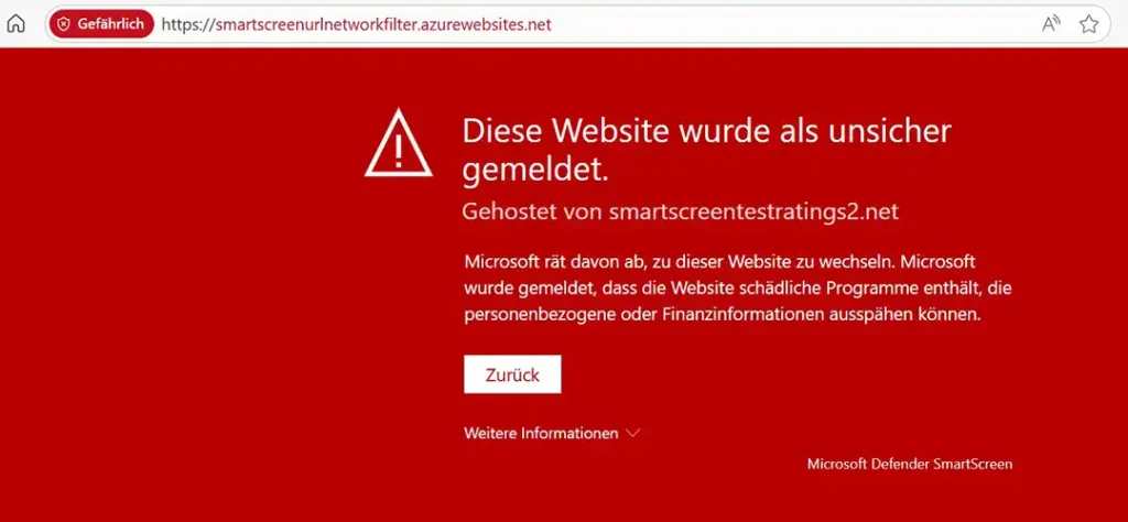 Bildschirmfoto eines Warnhinweises über eine schadhaften Link. Phishingversuche sind eine große Bedrohung für Unternehmen und die Unternehmensdaten