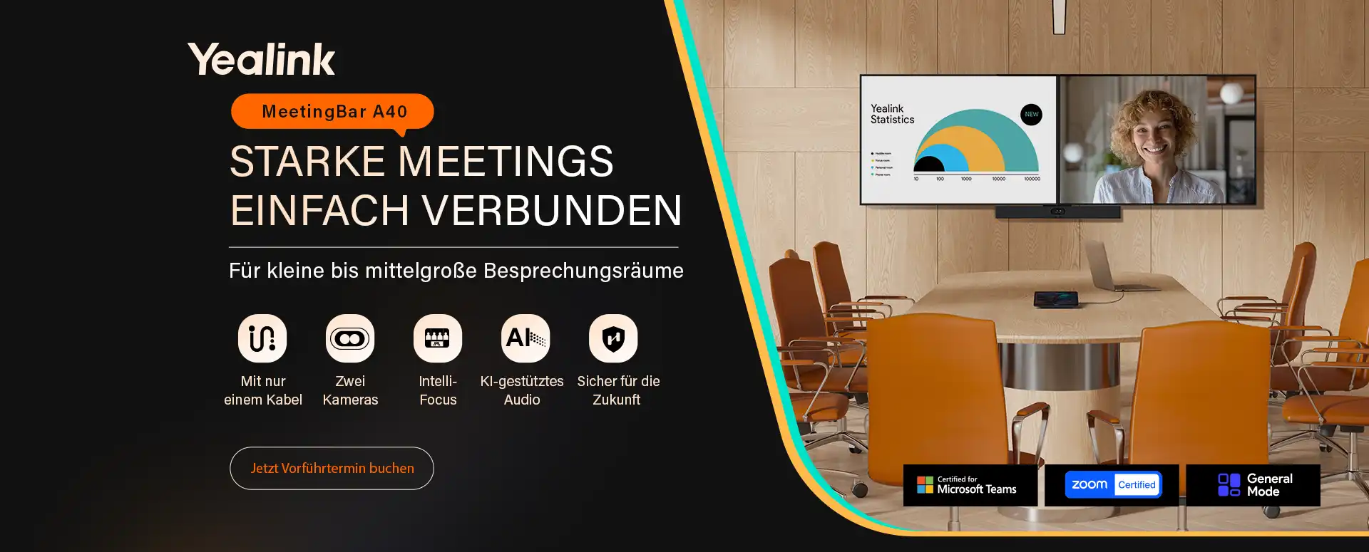 Werbebild mit Text und Bild von Yealink über die MeetingBar A40