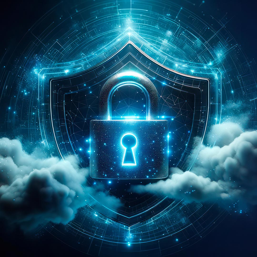 Symbolbild für Datensicherheit mit Terra Veaam Data Protection. Ein Vorhängeschloss in einem Schutzschild auf einer Wolke