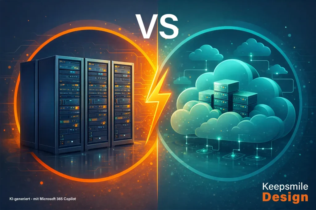 Schaubild mit einem Server und einer Cloud als Vergleich.
