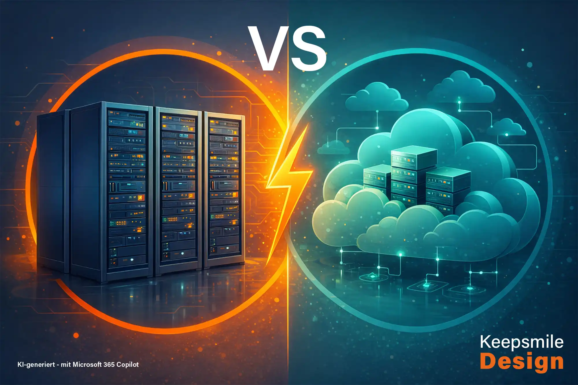 Schaubild mit einem Server und einer Cloud als Vergleich.