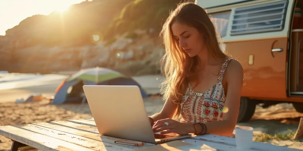 Junge Frau sitzt vor einem Bulli an einem Tisch und arbeitet an einem Laptop. Im Hintergrund ist ein Zelt zu sehen. Symbolbild für überall-arbeiten mit Microsoft 365