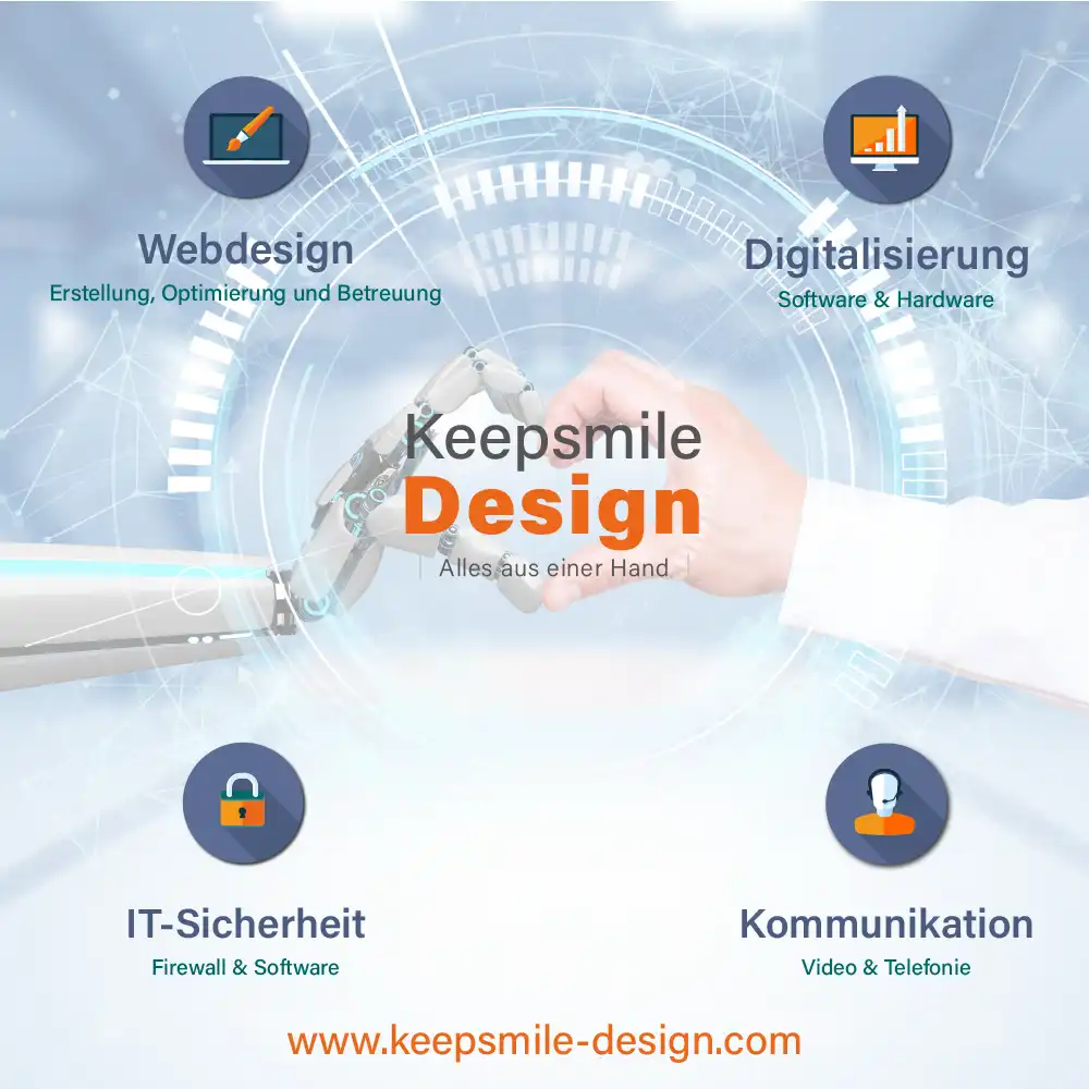Symbolbild für die Leistungen und den Slogan von Keepsmile Design: Alles aus einer Hand. Es werden die 4 Hauptbereiche geschrieben. Inder Mitte ist das Keepsmile Design Logo und eine Roboterhand und eine Menschenhand, die ein Herz formen