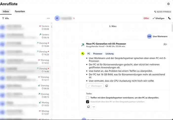 Bildschirmfoto der Benutzeroberfläche von Sipgate mit einer automatischen Gesprächsnotiz, die in das HubSpot CRM übertragen wurde.