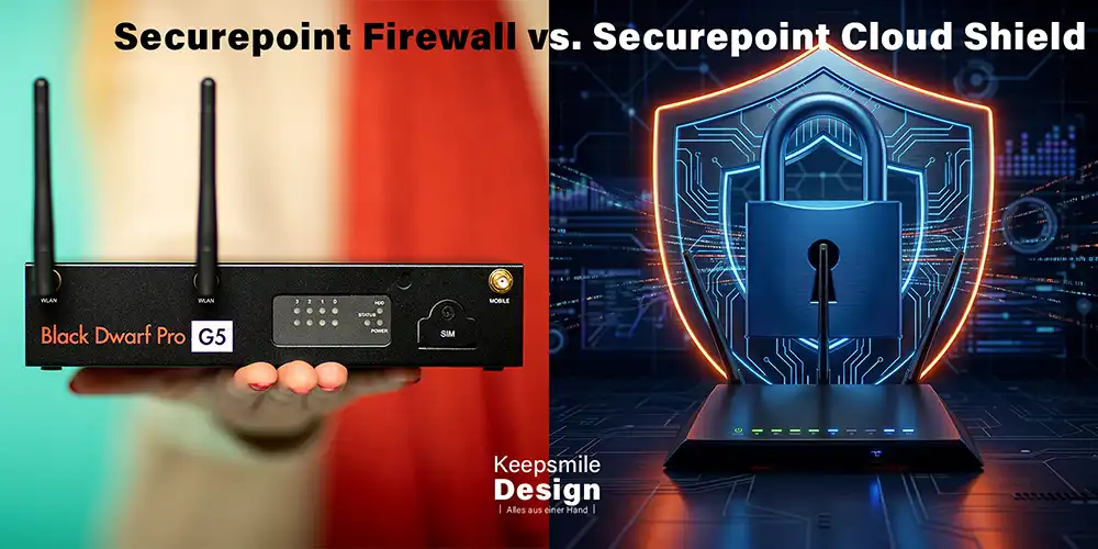 Eine Symbolbild für den Blogbeitrag über die unterschiede zwischen einer Firewall und Cloud Shield. Es sind eine Firewall und eine Router mit einem leuchtenden Schutzschild mit Vorhängeschloß zu sehen.