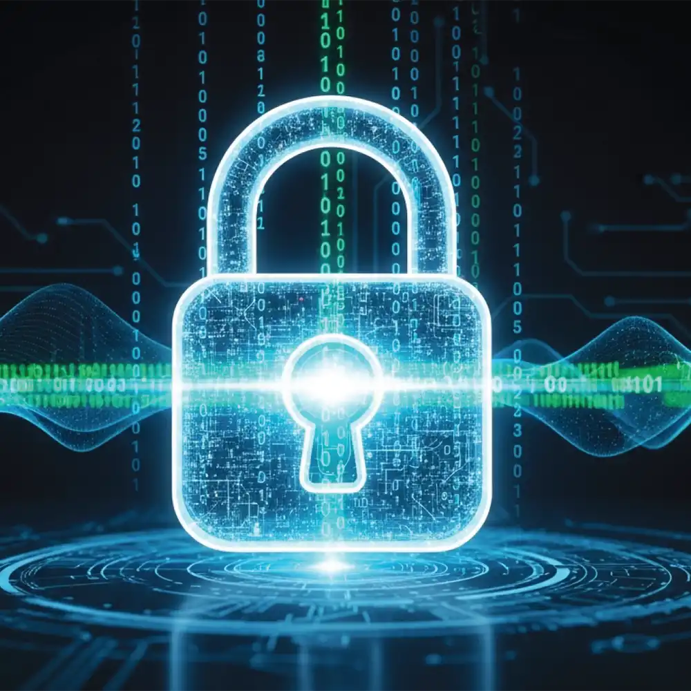 Symbolbild für DNS-Sicherheit zeigt ein leuchtendes Schloss mit Strahlen mit Nullen und Einsen, die durch das Schloss fliegen - Securepoint Cloud Shield