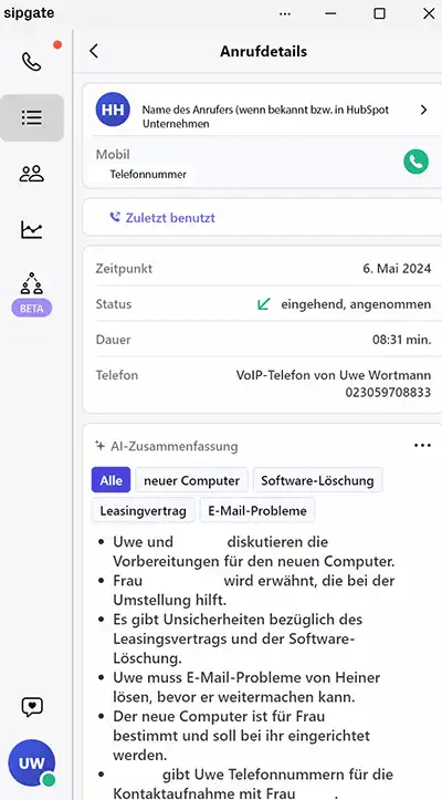 Gesprächszusammenfassung nach einem Telefonat durch KI mit der sipgate-App