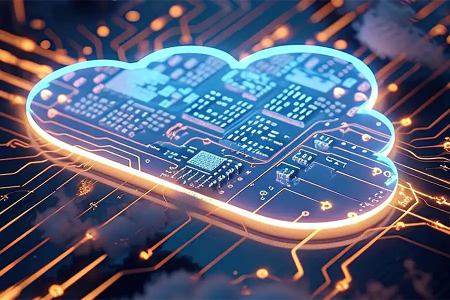 Symbolbild für SaaS - Sooftware as a Service- Eine künstliche Wolke über eine Computerplatine