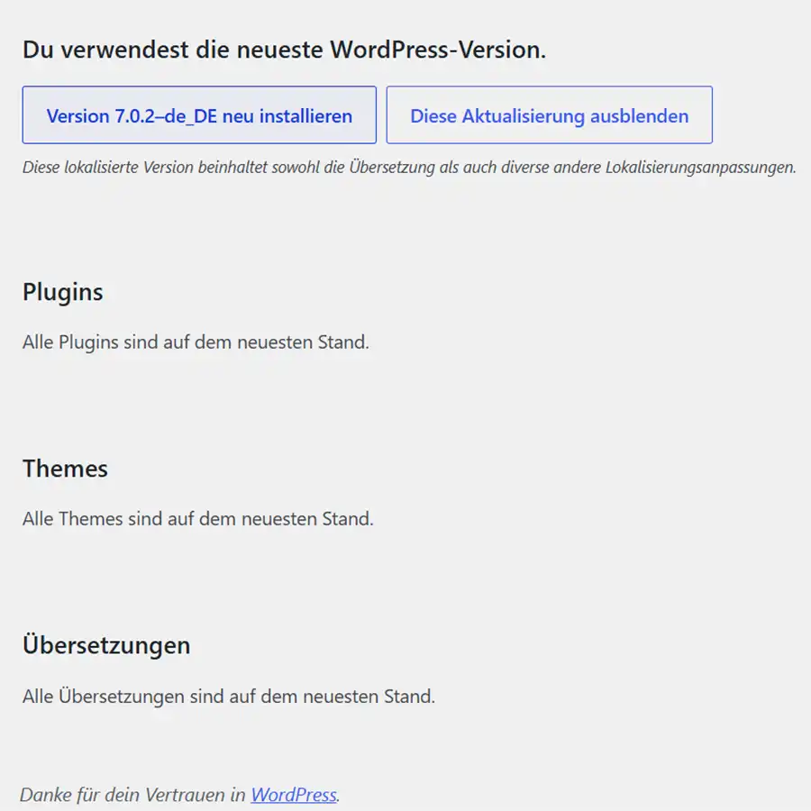 Dashboard von WordPress über Infos zu Updates