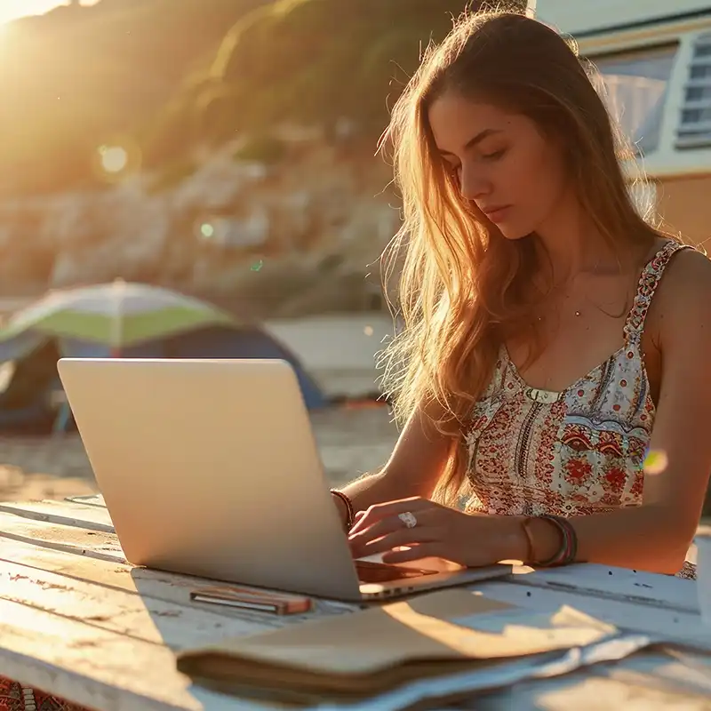 Junge Frau sitzt vor einem Bulli an einem Tisch und arbeitet an einem Laptop. Im Hintergrund ist ein Zelt zu sehen. Symbolbild für überall-arbeiten mit Microsoft 365