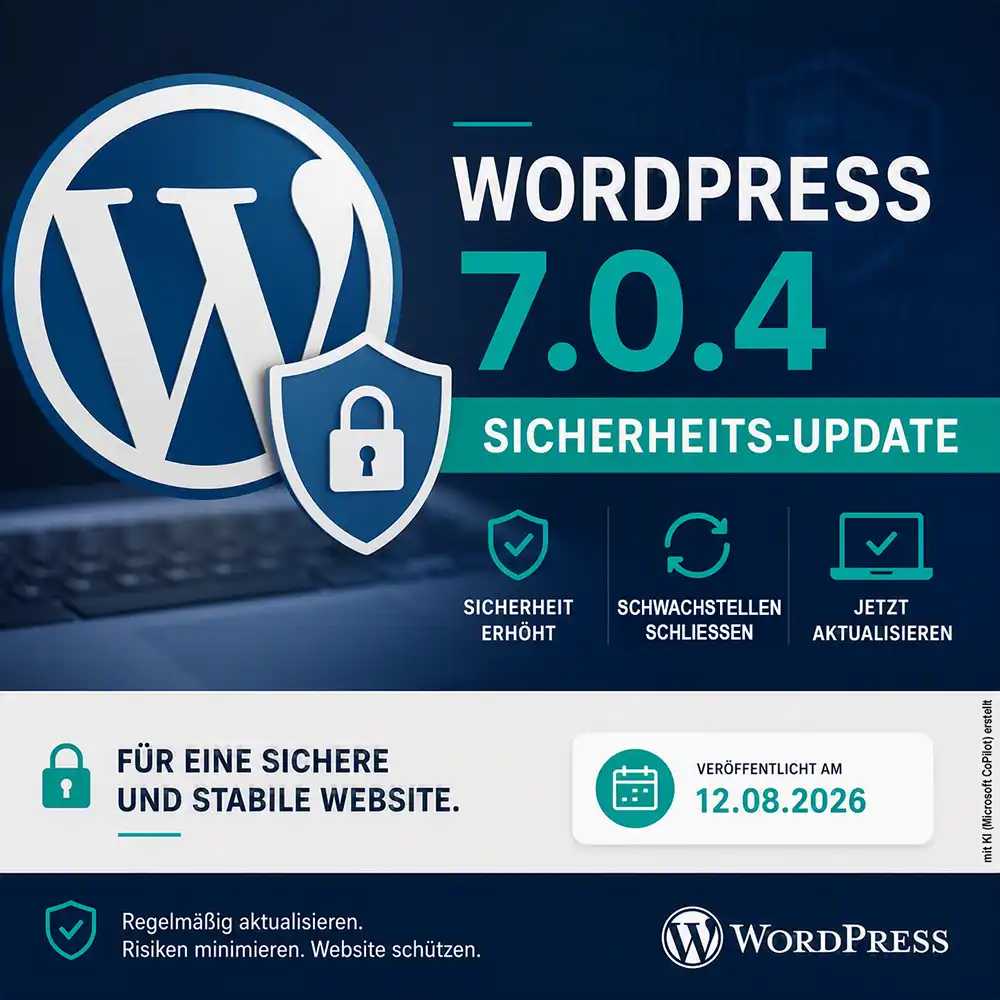 WordPress-Update Hinweis auf 7.0.4 für mehr Website-Sicherheit.