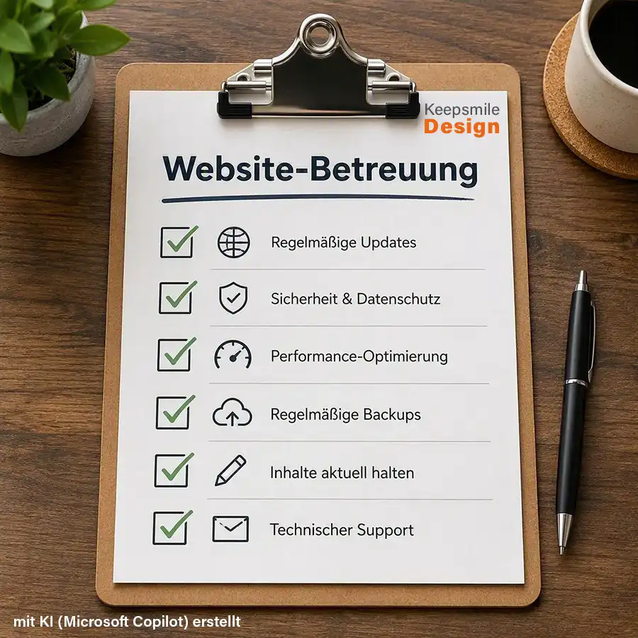 Klemmbrett mit Checkliste über wesentliche Punkte der Website-Betreuung (mit KI erstellt)