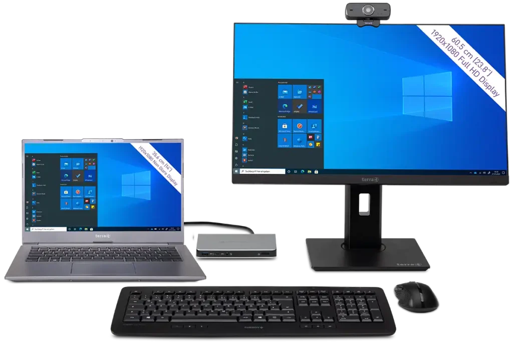 Terra-Computer-Arbeitsplatz mit Laptoop, Dockingstation, Bildschirm, Kamera, Tastatur und Maus