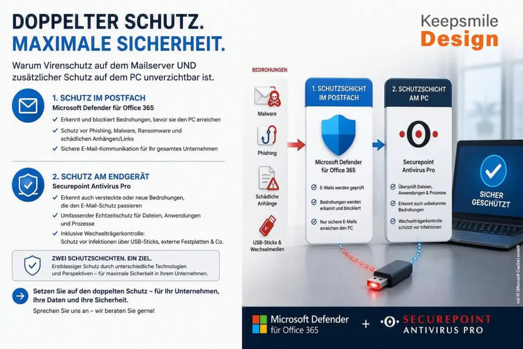 Schaubild wie ein doppelter Virenschutz mit Microsoft Defender und Securepoint Antivirus funktioniert