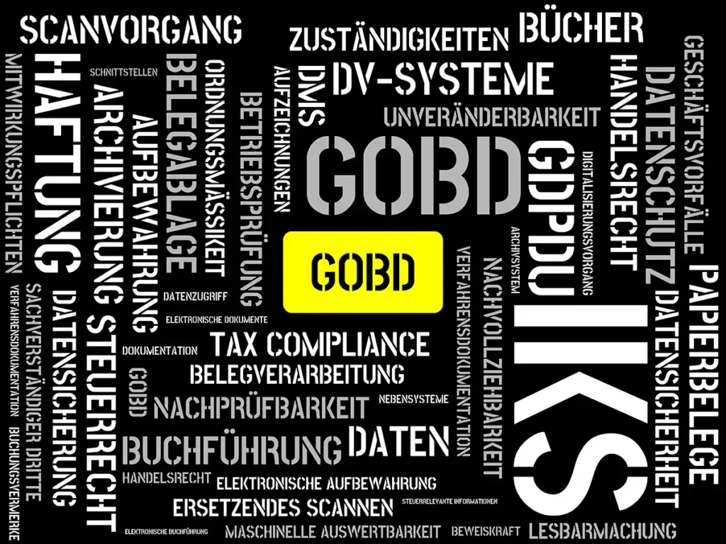 Bild mit Schlagworten zum Thema GoBD